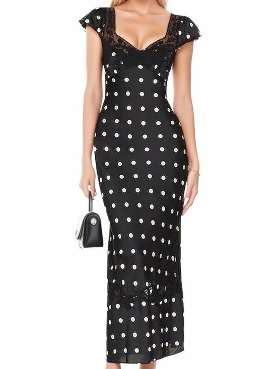 Dresses & Skirts - Black Polka Dot Lace-Trim Maxi Dress